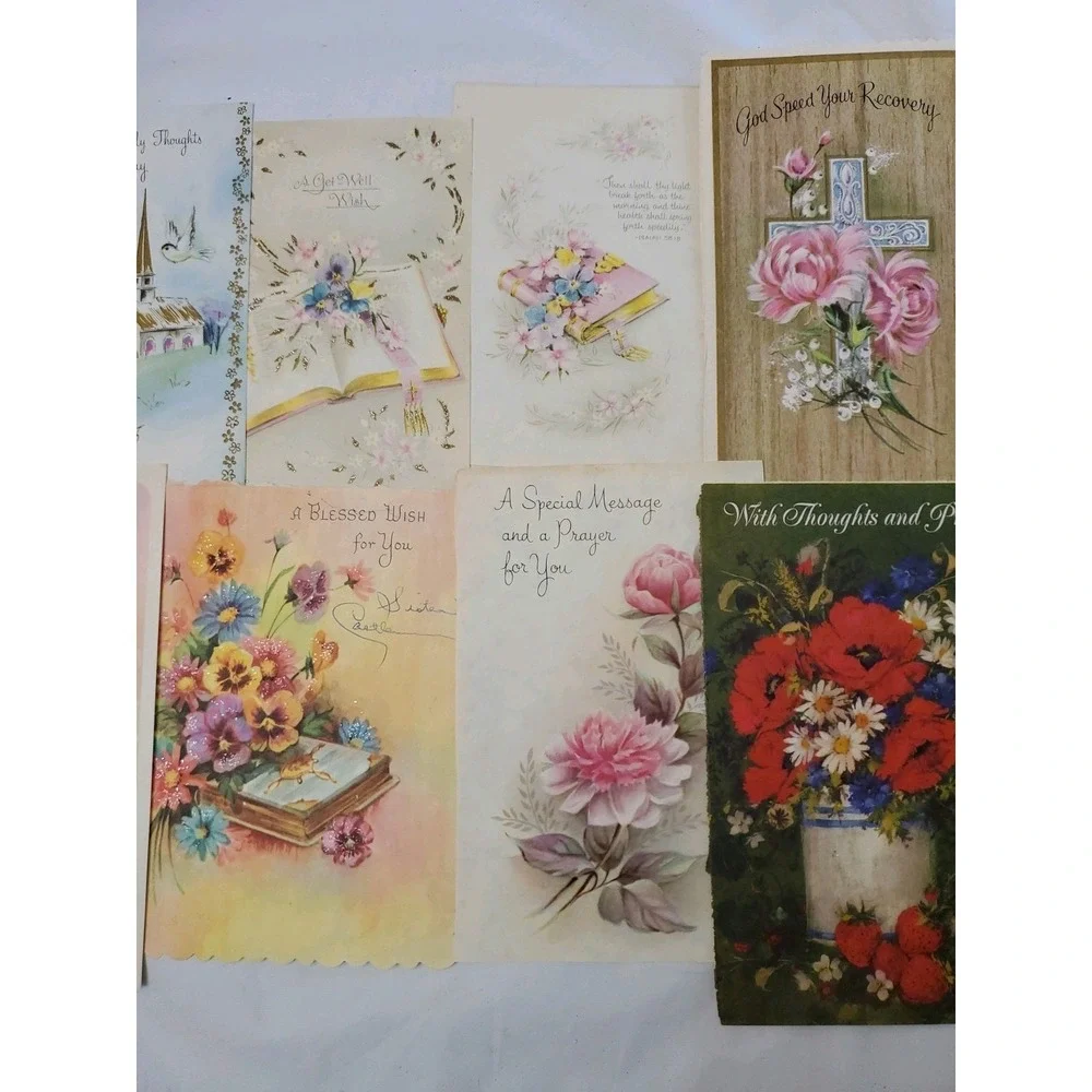13 Old Vintage Used Greeting Card Fronts Crafts Flowers Get Well Christian Theme